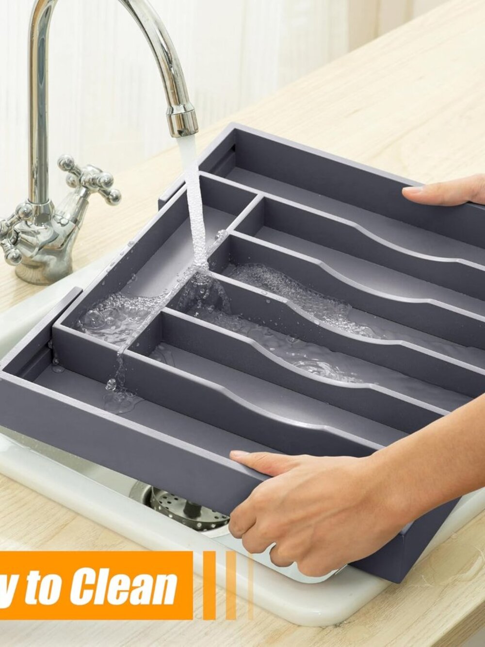 Kitchen Silverware Drawer Organizer and Storage Bamboo Wood Cooking Utensil Hold - Picture 6 of 8